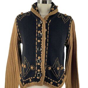 NWT Vintage Dead Stock Hand Embroidered Mixed Knit Bobble Black Tan Cardigan S